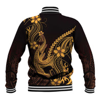 Gold Black Aloha Hawaii Baseball Jacket Polynesian Shark Tattoo With Plumeria - Polynesian Pride