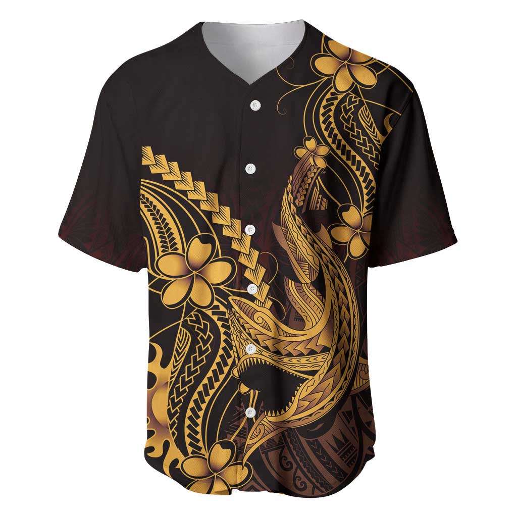 Gold Black Aloha Hawaii Baseball Jersey Polynesian Shark Tattoo With Plumeria - Polynesian Pride