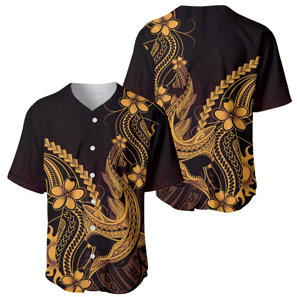 Gold Black Aloha Hawaii Baseball Jersey Polynesian Shark Tattoo With Plumeria - Polynesian Pride