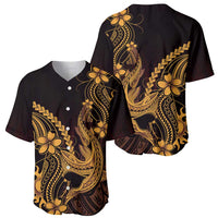 Gold Black Aloha Hawaii Baseball Jersey Polynesian Shark Tattoo With Plumeria - Polynesian Pride