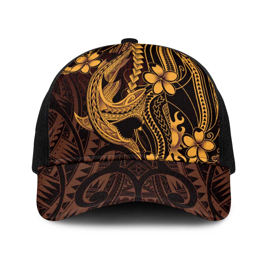 Gold Black Aloha Hawaii Baseball Net Cap Polynesian Shark Tattoo With Plumeria - Polynesian Pride