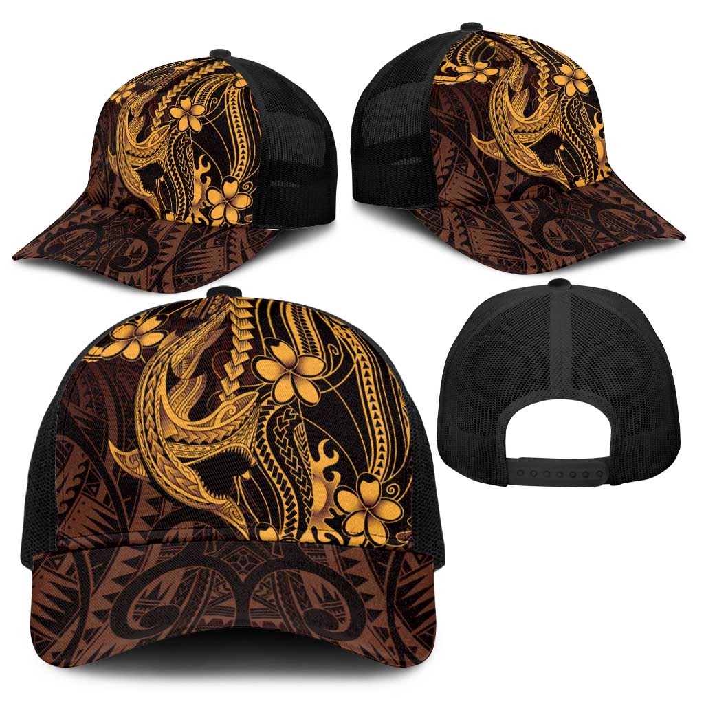 Gold Black Aloha Hawaii Baseball Net Cap Polynesian Shark Tattoo With Plumeria - Polynesian Pride