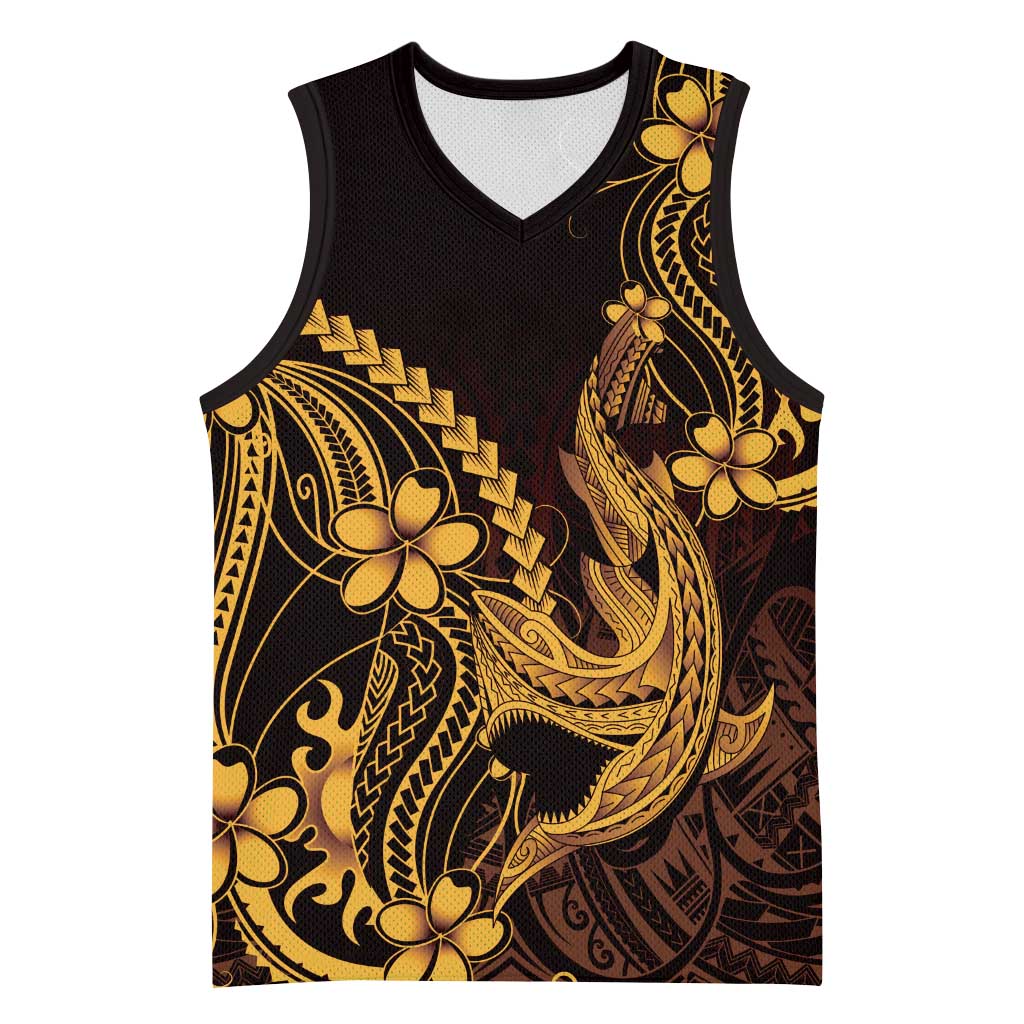 Gold Black Aloha Hawaii Basketball Jersey Polynesian Shark Tattoo With Plumeria - Polynesian Pride