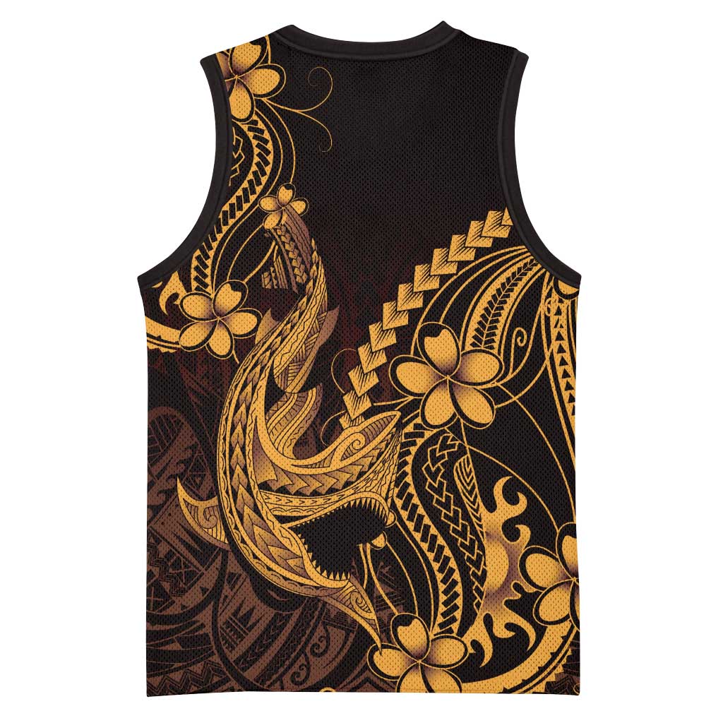 Gold Black Aloha Hawaii Basketball Jersey Polynesian Shark Tattoo With Plumeria - Polynesian Pride
