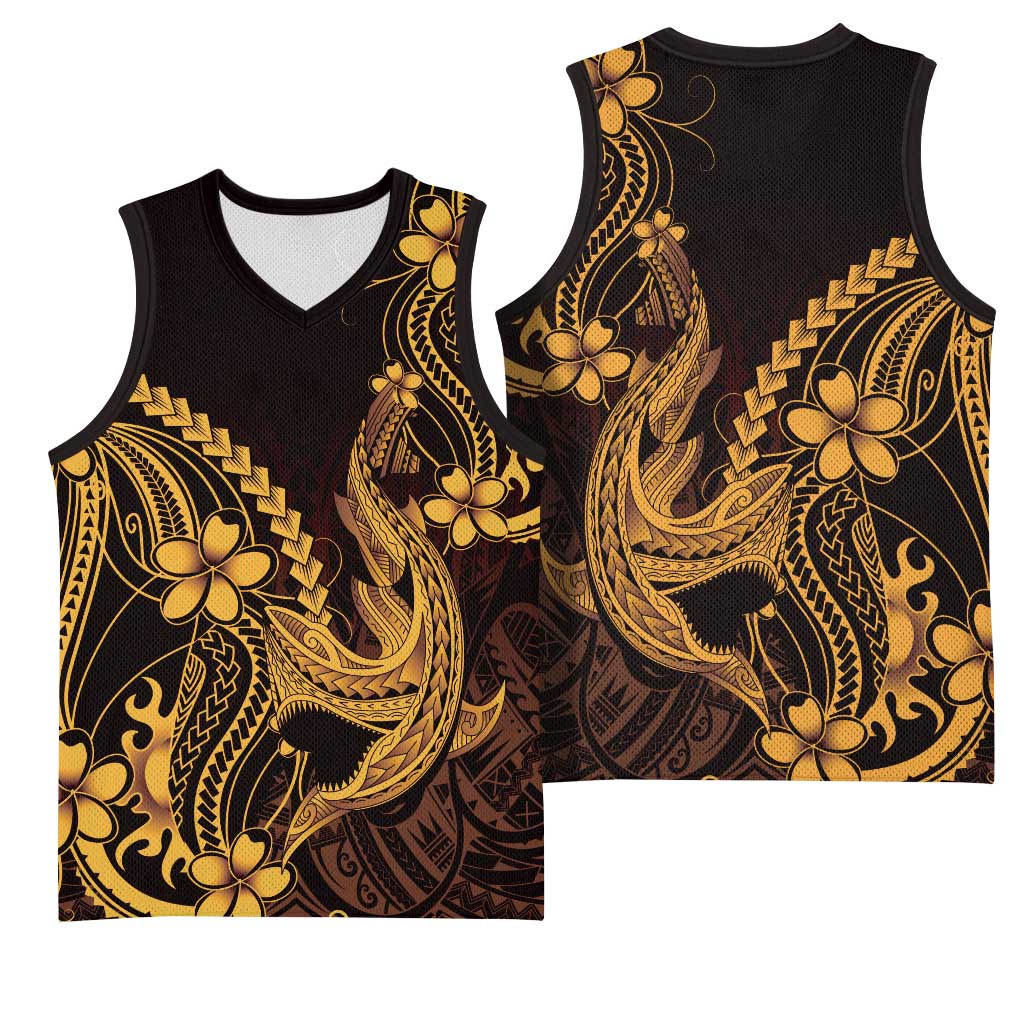 Gold Black Aloha Hawaii Basketball Jersey Polynesian Shark Tattoo With Plumeria - Polynesian Pride