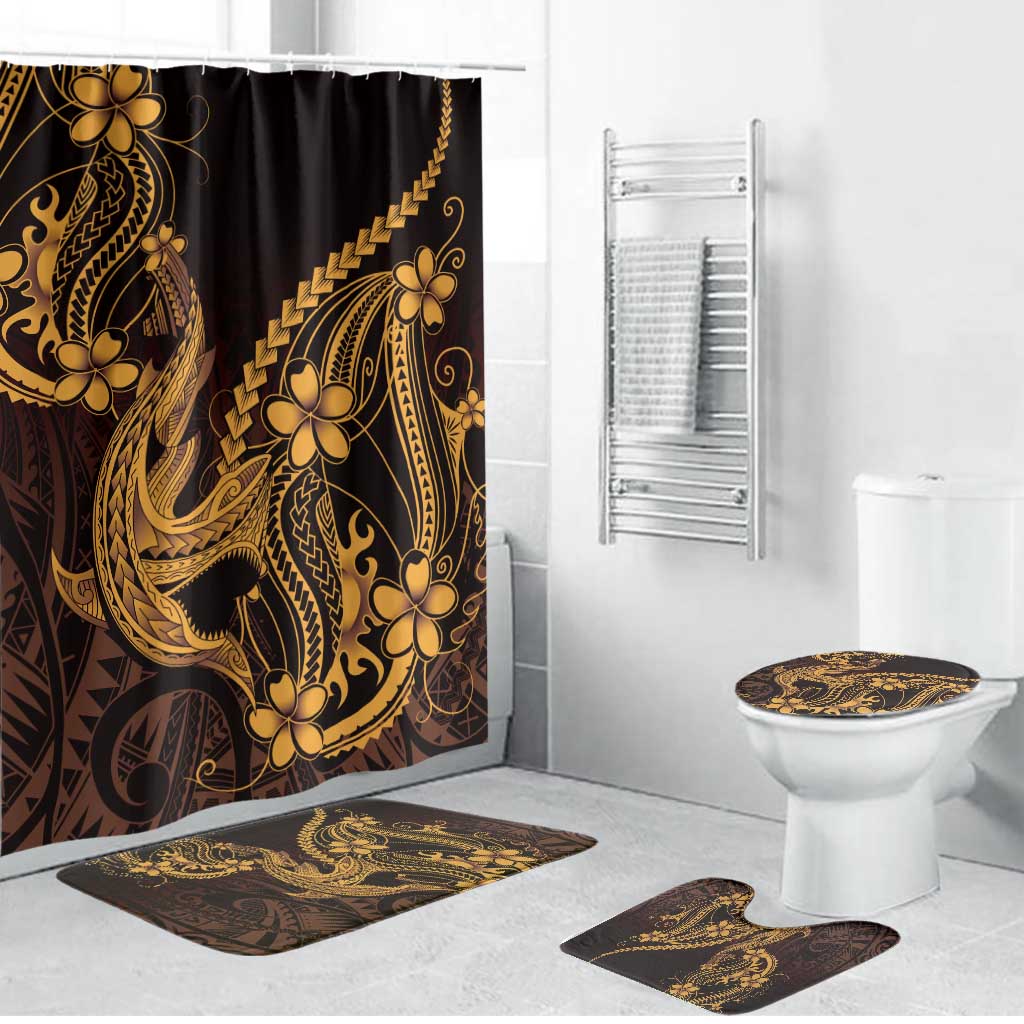 Gold Black Aloha Hawaii Bathroom Set Polynesian Shark Tattoo With Plumeria - Polynesian Pride