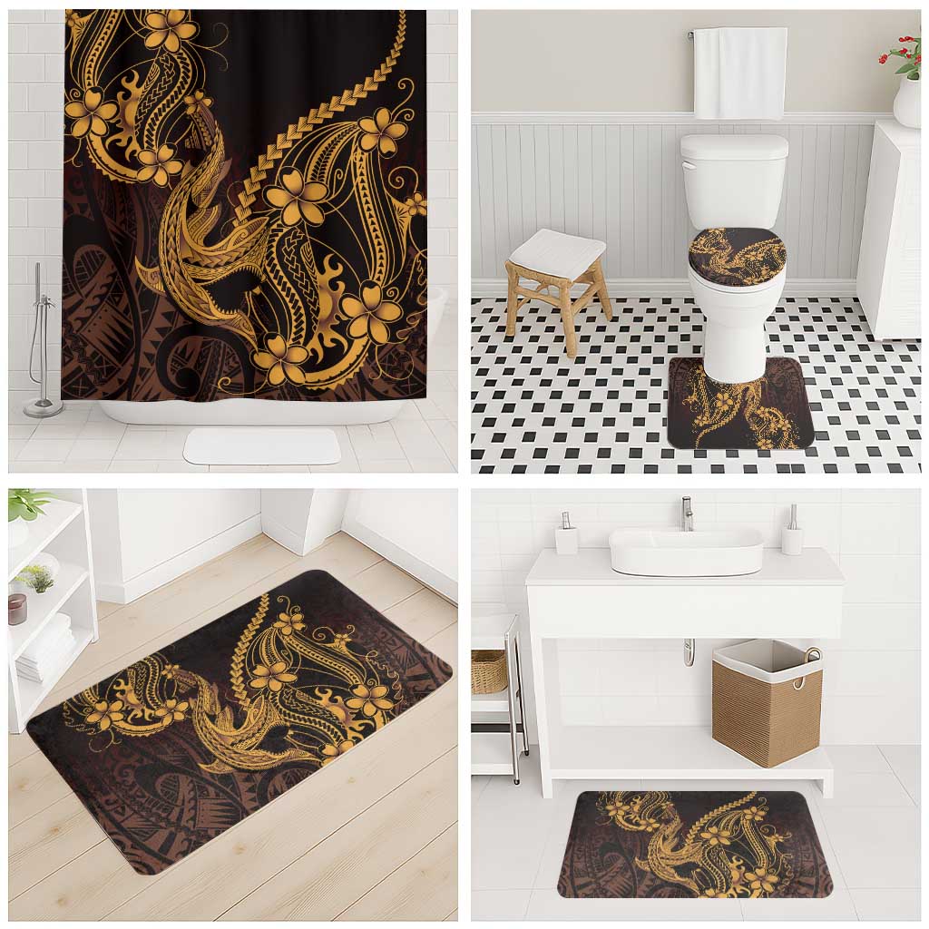 Gold Black Aloha Hawaii Bathroom Set Polynesian Shark Tattoo With Plumeria - Polynesian Pride