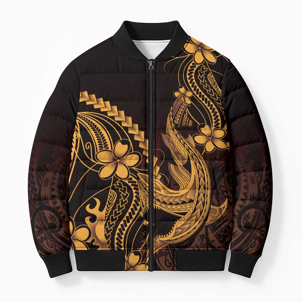 Gold Black Aloha Hawaii Bomber Puffer Jacket Polynesian Shark Tattoo With Plumeria - Polynesian Pride
