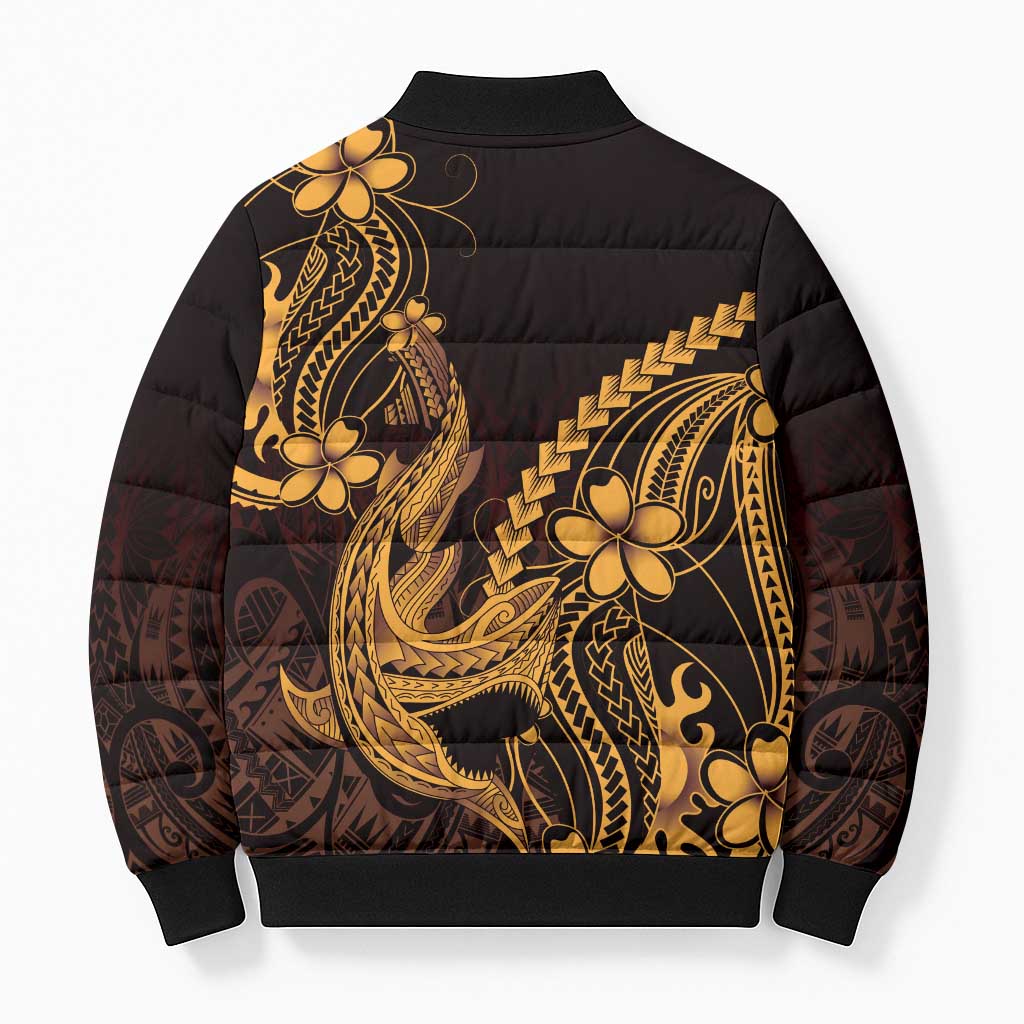 Gold Black Aloha Hawaii Bomber Puffer Jacket Polynesian Shark Tattoo With Plumeria - Polynesian Pride