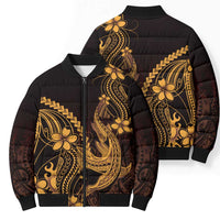 Gold Black Aloha Hawaii Bomber Puffer Jacket Polynesian Shark Tattoo With Plumeria - Polynesian Pride