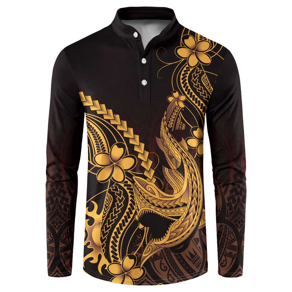 Gold Black Aloha Hawaii Button Sweatshirt Polynesian Shark Tattoo With Plumeria - Polynesian Pride