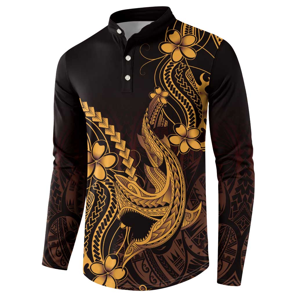 Gold Black Aloha Hawaii Button Sweatshirt Polynesian Shark Tattoo With Plumeria - Polynesian Pride