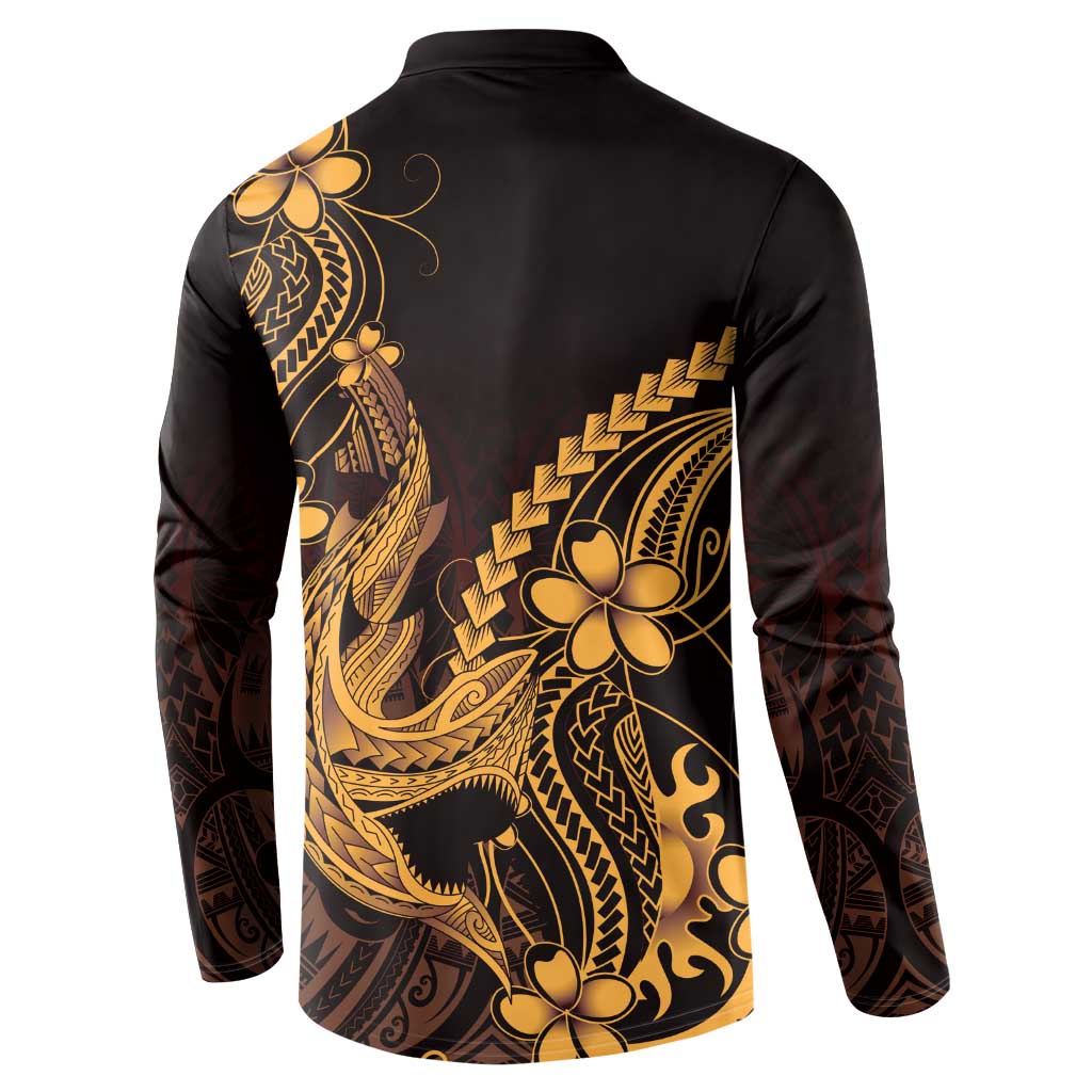 Gold Black Aloha Hawaii Button Sweatshirt Polynesian Shark Tattoo With Plumeria - Polynesian Pride