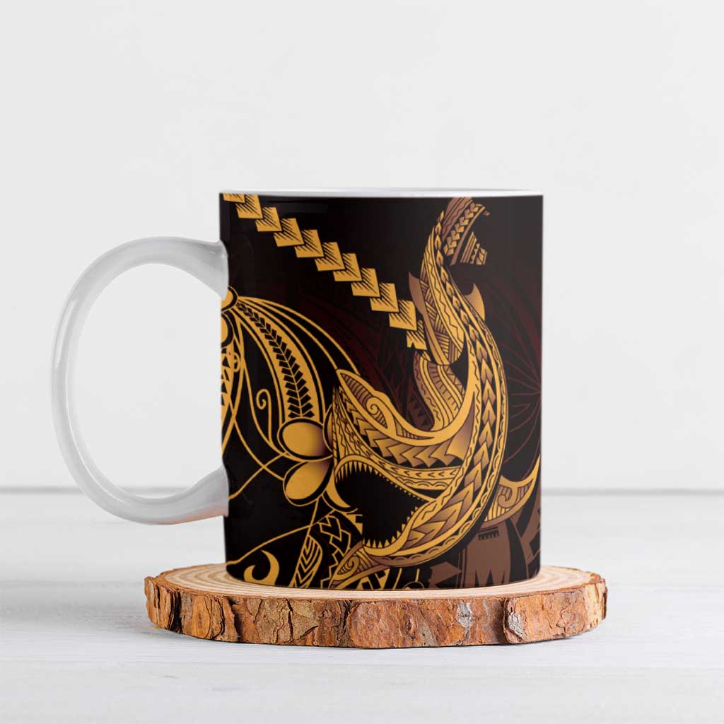 Gold Black Aloha Hawaii Ceramic Mug Polynesian Shark Tattoo With Plumeria - Polynesian Pride