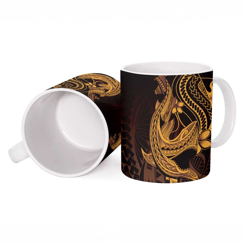 Gold Black Aloha Hawaii Ceramic Mug Polynesian Shark Tattoo With Plumeria - Polynesian Pride