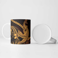 Gold Black Aloha Hawaii Ceramic Mug Polynesian Shark Tattoo With Plumeria - Polynesian Pride