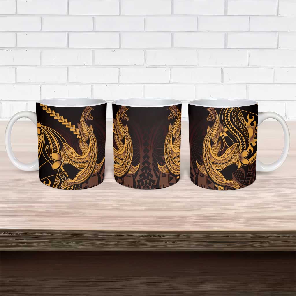 Gold Black Aloha Hawaii Ceramic Mug Polynesian Shark Tattoo With Plumeria - Polynesian Pride