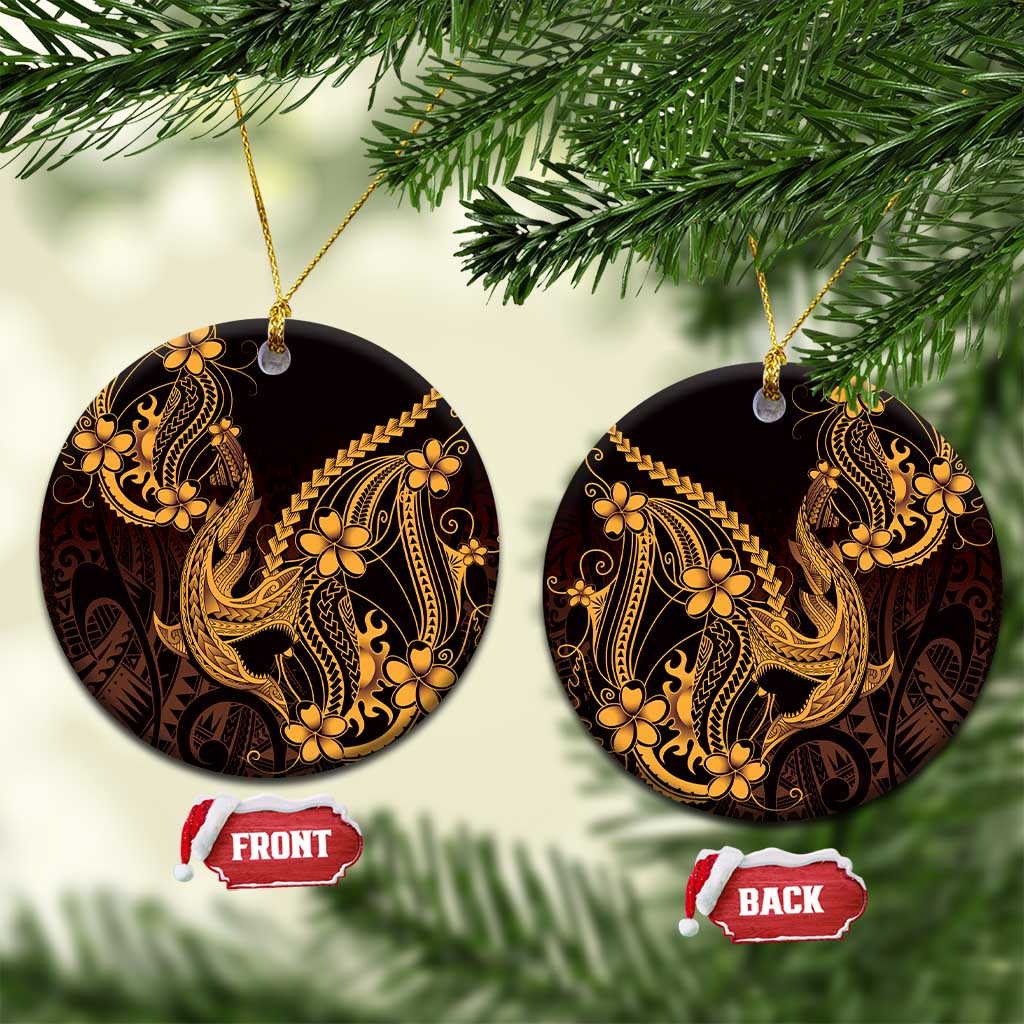 Gold Black Aloha Hawaii Ceramic Ornament Polynesian Shark Tattoo With Plumeria - Polynesian Pride