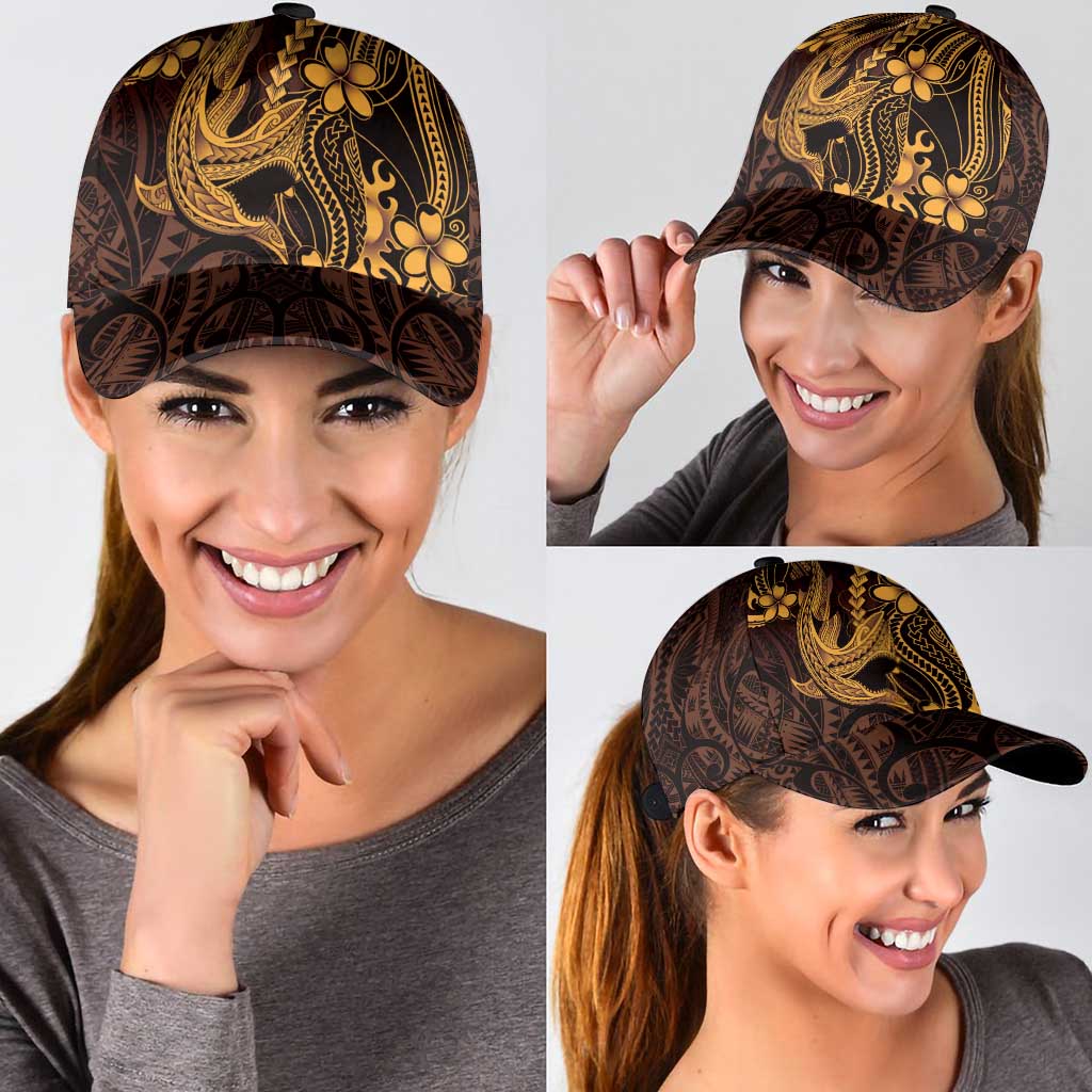 Gold Black Aloha Hawaii Classic Cap Polynesian Shark Tattoo With Plumeria - Polynesian Pride
