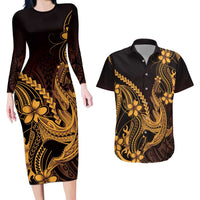 Gold Black Aloha Hawaii Couples Matching Long Sleeve Bodycon Dress and Hawaiian Shirt Polynesian Shark Tattoo With Plumeria - Polynesian Pride