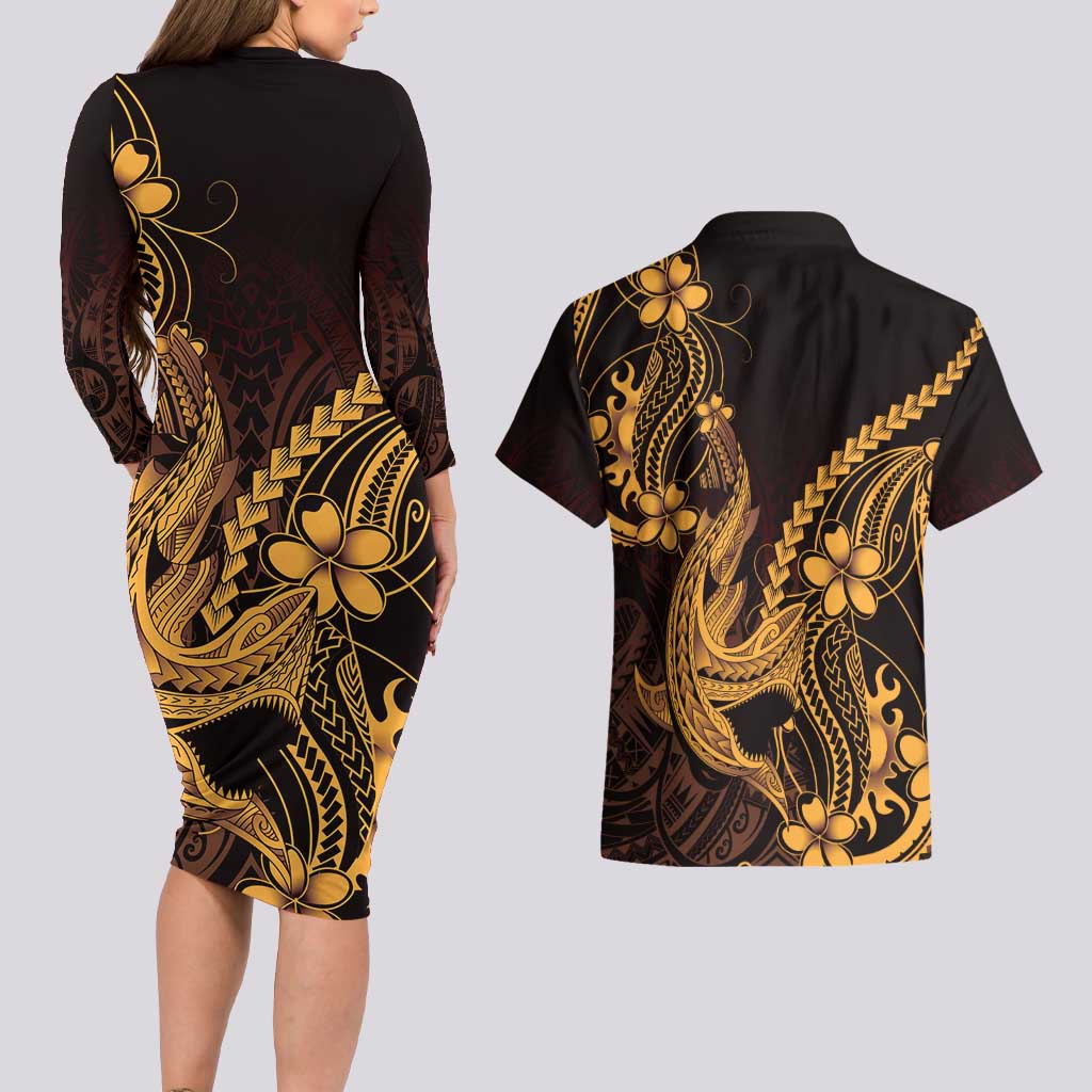 Gold Black Aloha Hawaii Couples Matching Long Sleeve Bodycon Dress and Hawaiian Shirt Polynesian Shark Tattoo With Plumeria - Polynesian Pride