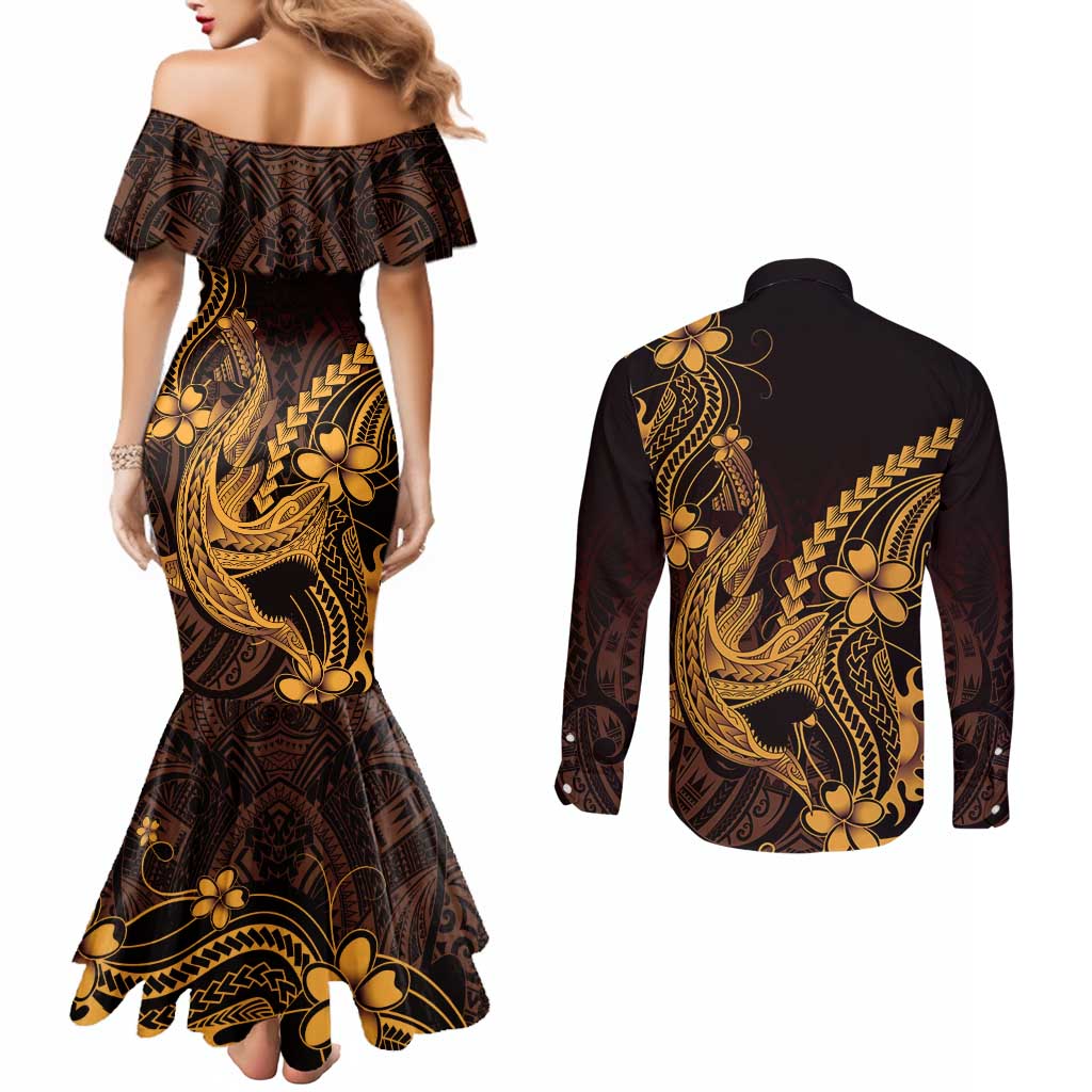 Gold Black Aloha Hawaii Couples Matching Mermaid Dress and Long Sleeve Button Shirt Polynesian Shark Tattoo With Plumeria - Polynesian Pride