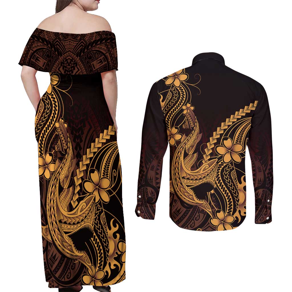 Gold Black Aloha Hawaii Couples Matching Off Shoulder Maxi Dress and Long Sleeve Button Shirt Polynesian Shark Tattoo With Plumeria - Polynesian Pride