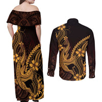 Gold Black Aloha Hawaii Couples Matching Off Shoulder Maxi Dress and Long Sleeve Button Shirt Polynesian Shark Tattoo With Plumeria - Polynesian Pride