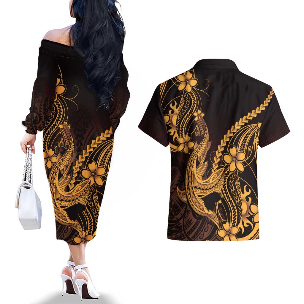Gold Black Aloha Hawaii Couples Matching Off The Shoulder Long Sleeve Dress and Hawaiian Shirt Polynesian Shark Tattoo With Plumeria - Polynesian Pride