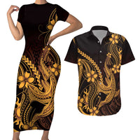 Gold Black Aloha Hawaii Couples Matching Short Sleeve Bodycon Dress and Hawaiian Shirt Polynesian Shark Tattoo With Plumeria - Polynesian Pride