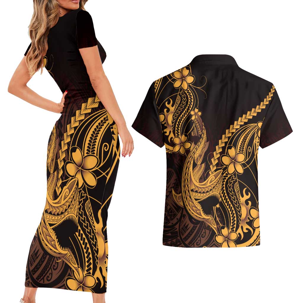 Gold Black Aloha Hawaii Couples Matching Short Sleeve Bodycon Dress and Hawaiian Shirt Polynesian Shark Tattoo With Plumeria - Polynesian Pride
