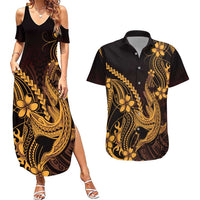 Gold Black Aloha Hawaii Couples Matching Summer Maxi Dress and Hawaiian Shirt Polynesian Shark Tattoo With Plumeria - Polynesian Pride