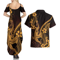 Gold Black Aloha Hawaii Couples Matching Summer Maxi Dress and Hawaiian Shirt Polynesian Shark Tattoo With Plumeria - Polynesian Pride