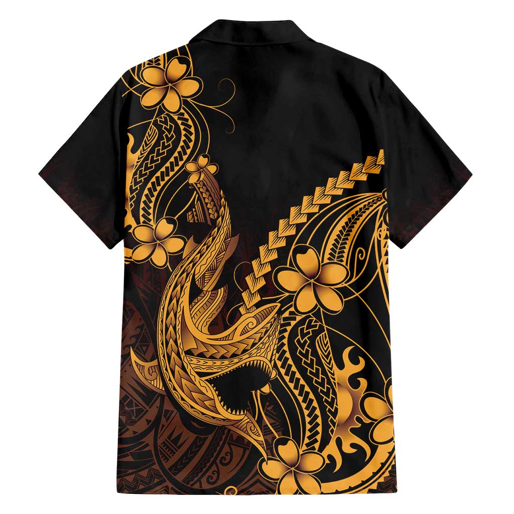 Gold Black Aloha Hawaii Family Matching Long Sleeve Bodycon Dress and Hawaiian Shirt Polynesian Shark Tattoo With Plumeria - Polynesian Pride