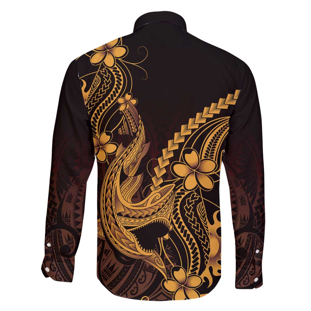 Gold Black Aloha Hawaii Family Matching Long Sleeve Bodycon Dress and Hawaiian Shirt Polynesian Shark Tattoo With Plumeria - Polynesian Pride