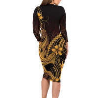 Gold Black Aloha Hawaii Family Matching Long Sleeve Bodycon Dress and Hawaiian Shirt Polynesian Shark Tattoo With Plumeria - Polynesian Pride