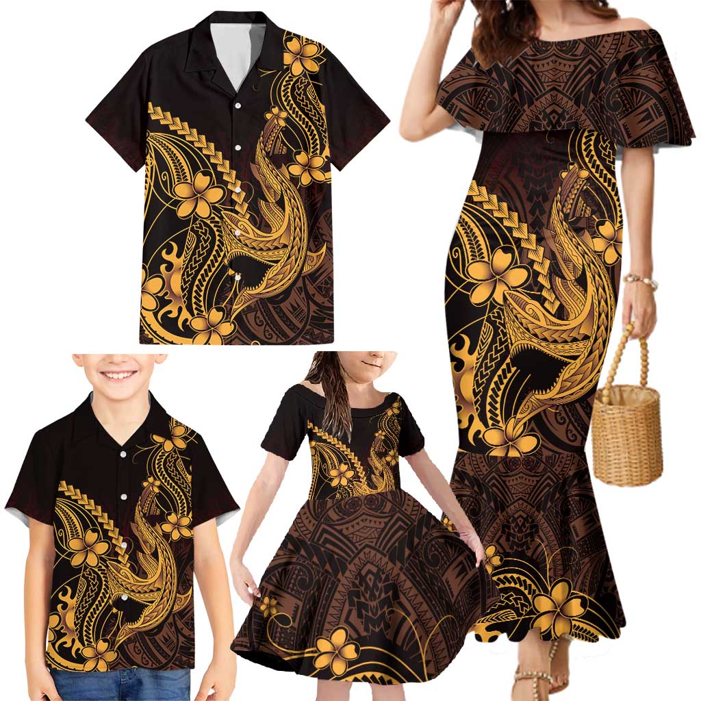 Gold Black Aloha Hawaii Family Matching Mermaid Dress and Hawaiian Shirt Polynesian Shark Tattoo With Plumeria - Polynesian Pride
