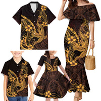 Gold Black Aloha Hawaii Family Matching Mermaid Dress and Hawaiian Shirt Polynesian Shark Tattoo With Plumeria - Polynesian Pride
