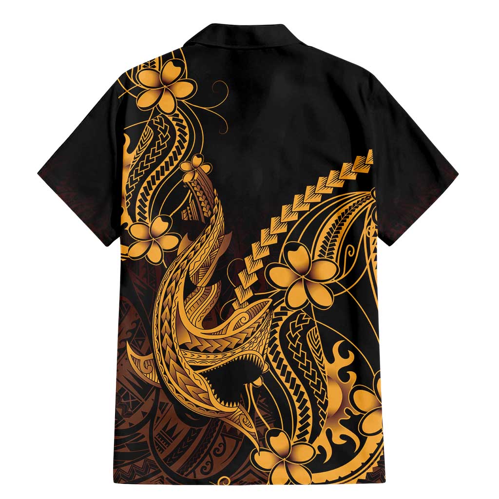 Gold Black Aloha Hawaii Family Matching Mermaid Dress and Hawaiian Shirt Polynesian Shark Tattoo With Plumeria - Polynesian Pride