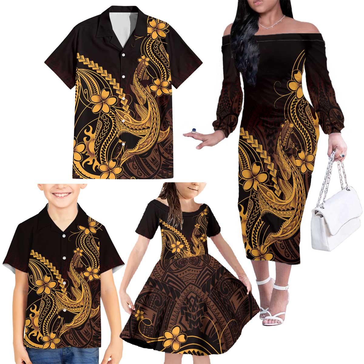 Gold Black Aloha Hawaii Family Matching Off The Shoulder Long Sleeve Dress and Hawaiian Shirt Polynesian Shark Tattoo With Plumeria - Polynesian Pride