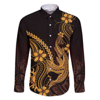 Gold Black Aloha Hawaii Family Matching Off Shoulder Maxi Dress and Hawaiian Shirt Polynesian Shark Tattoo With Plumeria - Polynesian Pride