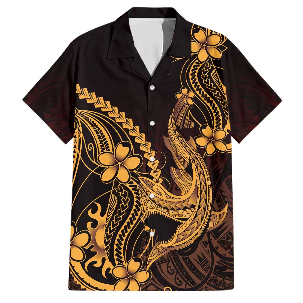 Gold Black Aloha Hawaii Family Matching Puletasi and Hawaiian Shirt Polynesian Shark Tattoo With Plumeria LT14 Dad's Shirt - Short Sleeve Gold - Polynesian Pride