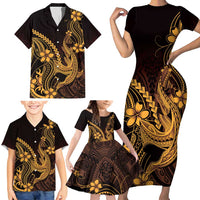 Gold Black Aloha Hawaii Family Matching Short Sleeve Bodycon Dress and Hawaiian Shirt Polynesian Shark Tattoo With Plumeria - Polynesian Pride