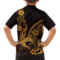 Gold Black Aloha Hawaii Family Matching Tank Maxi Dress and Hawaiian Shirt Polynesian Shark Tattoo With Plumeria - Polynesian Pride