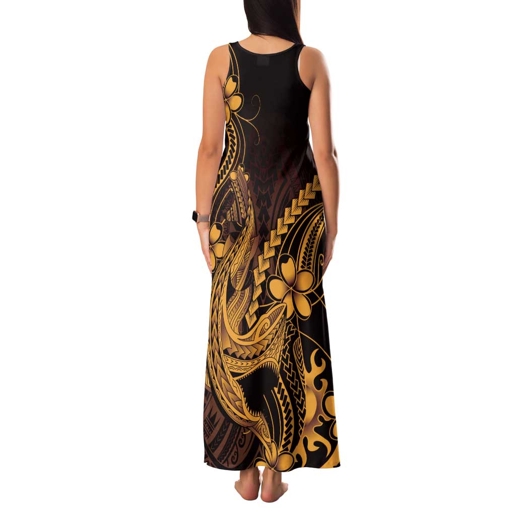 Gold Black Aloha Hawaii Family Matching Tank Maxi Dress and Hawaiian Shirt Polynesian Shark Tattoo With Plumeria - Polynesian Pride