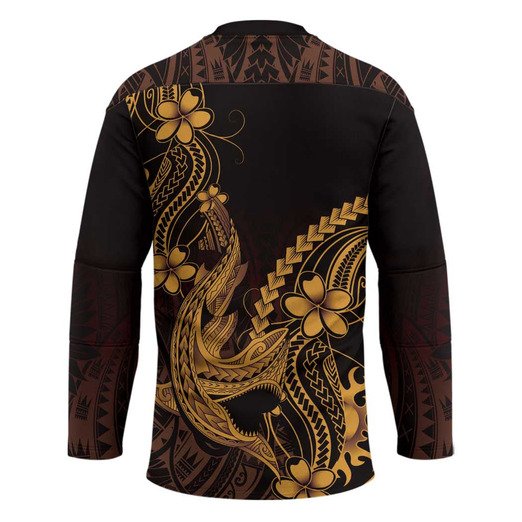 Gold Black Aloha Hawaii Hockey Jersey Polynesian Shark Tattoo With Plumeria - Polynesian Pride