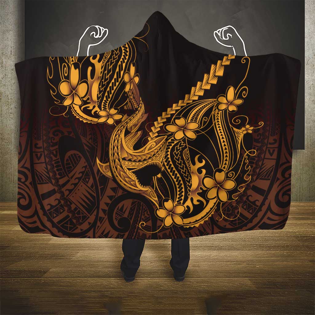 Gold Black Aloha Hawaii Hooded Blanket Polynesian Shark Tattoo With Plumeria - Polynesian Pride