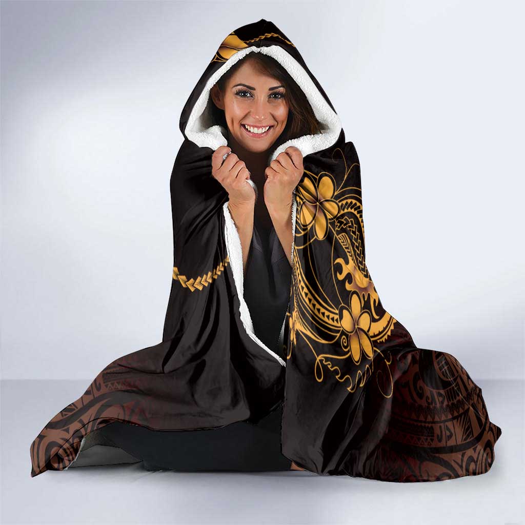 Gold Black Aloha Hawaii Hooded Blanket Polynesian Shark Tattoo With Plumeria - Polynesian Pride