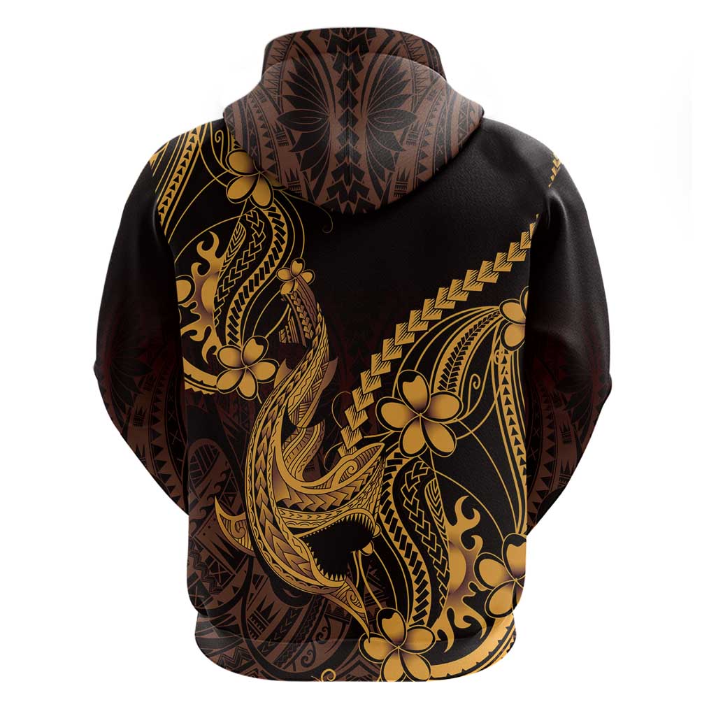 Gold Black Aloha Hawaii Hoodie Polynesian Shark Tattoo With Plumeria - Polynesian Pride