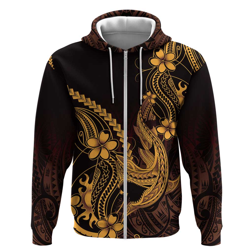 Gold Black Aloha Hawaii Hoodie Polynesian Shark Tattoo With Plumeria - Polynesian Pride